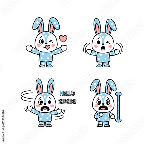 Cartoon rabbit character set with different emotions and gestures in blue outfit