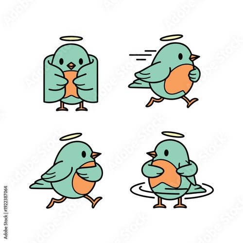 Cartoon angel bird in various dynamic poses with halo on white background
