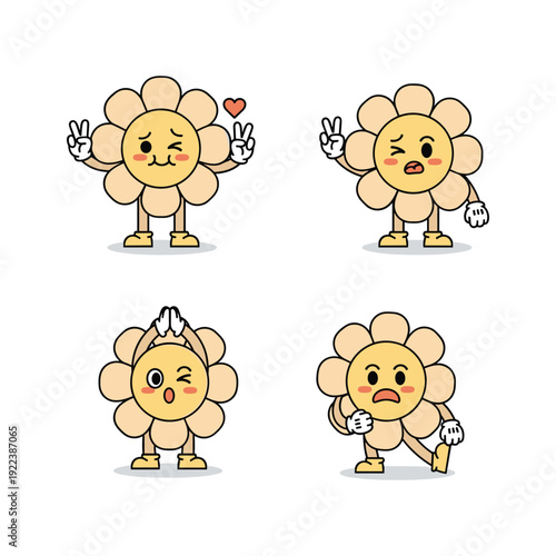 Cartoon flowers showing different emotions and gestures with cute expressions