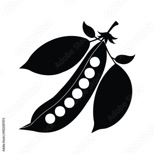 Silhouette of a pea pod with peas and leaves, elegant black and white vector illustration, snow peas silhouette vector illustration