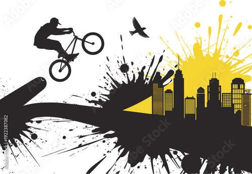 Urban BMX freestyle illustration, cyclist silhouette jumping bike, grunge splatter city skyline, street sport action vector design, modern, dynamic, artwork