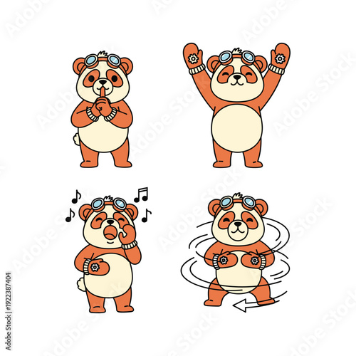 Cartoon panda DJ dancing with vinyl records in various poses