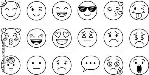 Black Outline Emoji Faces Icon Set with Cute Smiling, Sad, Love, Money, Wink and Expression Symbols for Social Media and Messaging Design