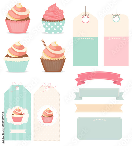 Cupcake label set, dessert price tags and product stickers for menu, packaging