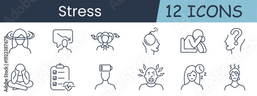Stress set icon. Dizziness, conflict, overload, anxiety, depression, confusion, meditation, checklist, lowbattery, anger, insomnia, burnout, mentalhealth, fatigue, emotion, therapy
