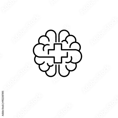 Mental Health Brain with Medical Cross Line Icon