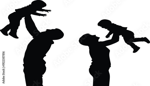 Black silhouette of happy parents lifting and playing with their young children against white background, concept of family love, bonding, parenting, and childhood joy