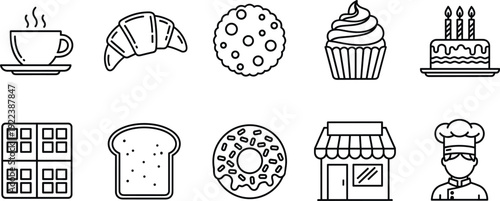 Bakery and Cafe Outline Icon Set with Coffee Cup, Croissant, Donut, Cupcake, Bread, Waffle and Pastry Shop Vector Collection