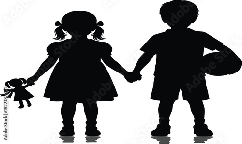 Black silhouette of a young boy and girl holding hands while carrying a ball and doll, representing childhood friendship, play, and brotherly love