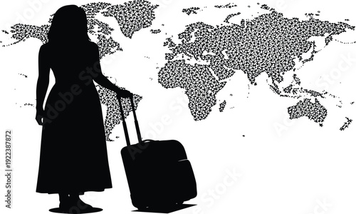 Silhouette of a woman traveler with suitcase standing in front of a world map background, concept of global travel, migration, and international tourism