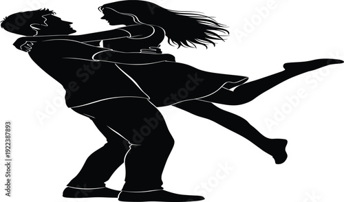 Black silhouette of happy young couple embracing and hugging while man lifts woman in air, concept of romantic love, dating, relationship and celebration