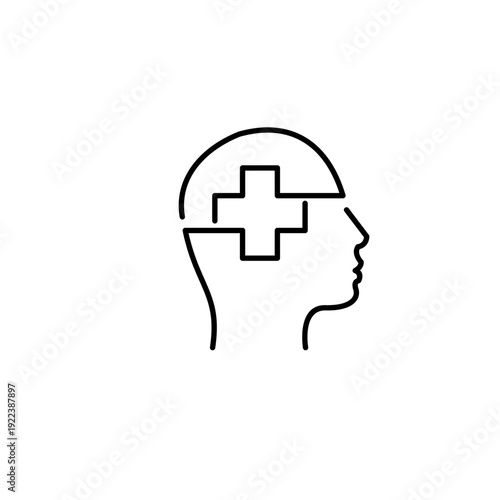 Mental Health Care Icon, Human Head Profile with Medical Cross Symbol Representing Psychological Well-being and Support