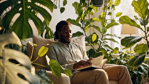 Black man reading book surrounded by lush houseplants indoors