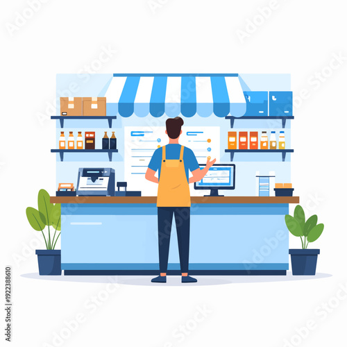 Cheerful Cartoon Illustration of a Store Clerk Behind a Blue Counter with Plants, Pen and Computer, Viewed from Behind in a Bright Convenience Shop Setting