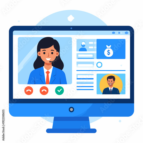 User initiates a video call on a sleek computer monitor showing a cartoon woman avatar, with interface icons and accept decline buttons, viewed from a front perspective in a clean white studio setting
