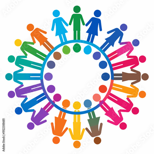 A vibrant illustration of diverse people holding hands in a colorful unity circle, showcasing diversity and colors, viewed from front, emphasizing inclusivity and togetherness in a clean white setting