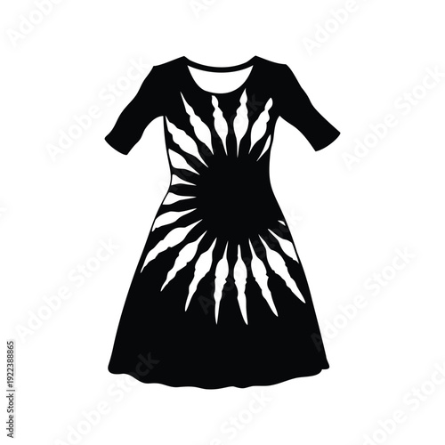 Stylish black and white dress with unique swirl pattern silhouette vector illustration, tiedye dress silhouette vector illustration