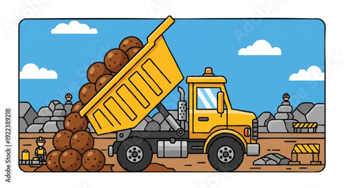 Vector illustration of a yellow dumptruck unloading soil or rocks in a construction site with a blue sky background.