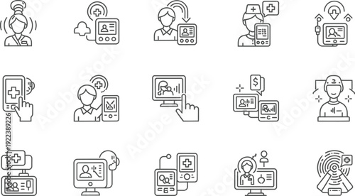 Minimalist line art icons of business and technology activities isolated on transparent background, isolated on white background, Vector, illustration