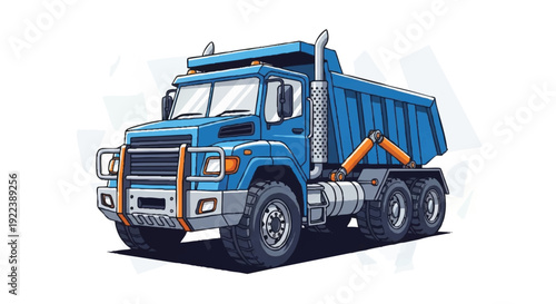 A blue dumptruck vector illustration with orange accents on a clean white background.