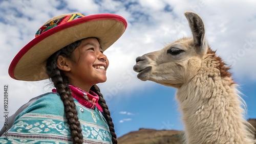 Happy Peruvian girl with braided hair and colorful hat next to llama
