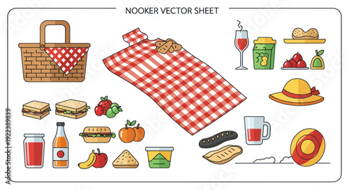 Picnic Vector Elements: Basket, Blanket, Food, Drinks, Hats - Flat Design