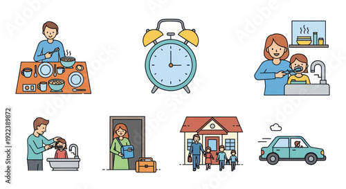 Daily Routine Icons: Morning to Evening Activities of Family Life