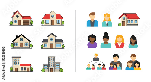 Diverse Housing Options and People Icons Set - Real Estate and Community Concepts