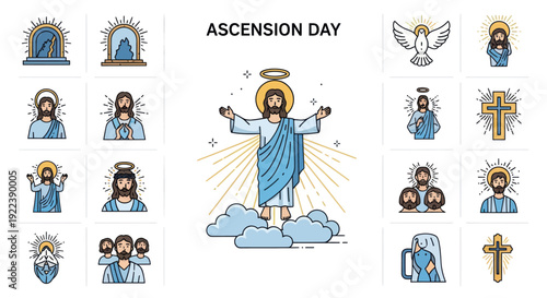 Ascension Day Jesus Christ Icons Set, Religious Symbols, Christianity and Faith