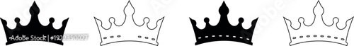 Crown icon set in black silhouette and outline vector illustration isolated on transparent background