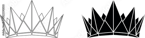 Crown icon set with geometric outline and solid black vector silhouette design on transparent background