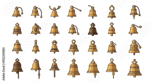 Collection of Vintage Brass Bells, Various Shapes and Sizes, Isolated on White Background