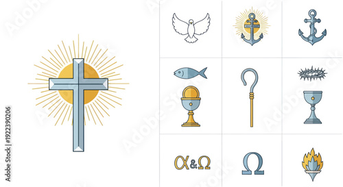Christian Symbols Set: Cross, Dove, Anchor, Fish, Chalice, Crown of Thorns