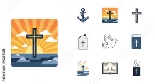Christianity Symbols Set: Cross, Anchor, Dove, Bible, Sunrise Over Ocean