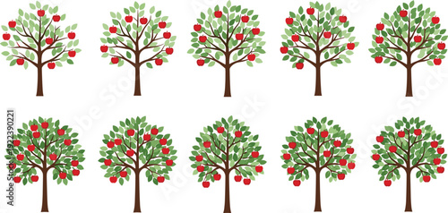 Set of apple trees with red fruits isolated on white background, orchard nature botanical vector illustration clipart collection