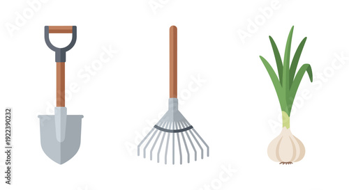 Gardening Tools and Fresh Scallion Illustration