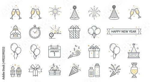 New Year Celebration Icons Set: Champagne, Gifts, Fireworks, Party Hats, Calendar
