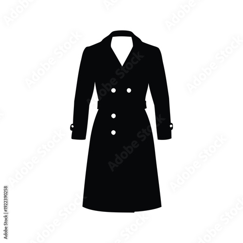 Elegant woman wearing a stylish coat with buttons silhouette vector illustration, trench coat silhouette vector illustration