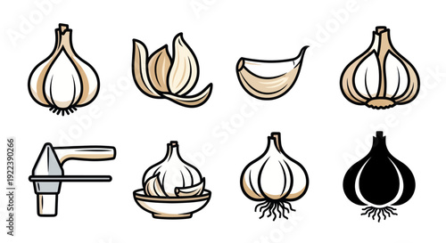 Garlic Icons Set - Fresh Ingredient, Kitchen Tool, Cooking Element