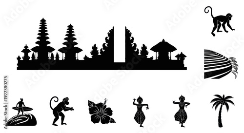 Bali Silhouette Icons: Temple, Monkey, Dancer, Surfer, Palm Tree, Hibiscus