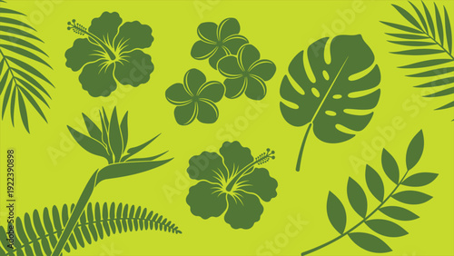 Vibrant tropical leaves and flowers pattern in green