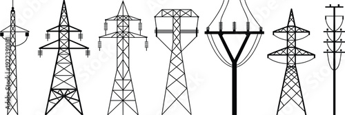 Set of seven black and white vector illustrations of different electrical transmission towers and power poles, isolated icons of electricity infrastructure, 