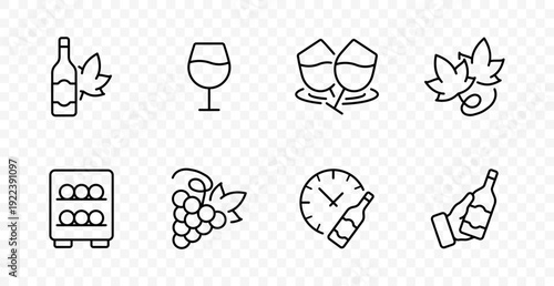 Wine culture set icon. Bottle with leaf, glass tasting, clinking toast, organic label, storage cabinet, grape harvest, time aging, sommelier service