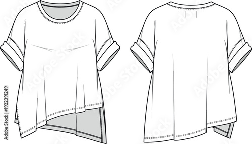 Women asymmetrical oversized t-shirt technical fashion flat sketch vector illustration front and back view template mockup with rolled short sleeves