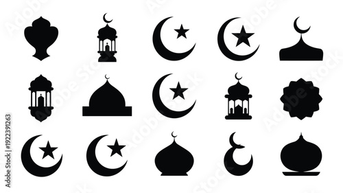 Islamic celebration symbols set black silhouettes on white background featuring mosque domes crescent moons stars and lanterns for ramadan and eid al fitr decorations