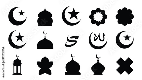 Islamic celebration symbols and icons set including crescent moon star mosque and arabic calligraphy on white background for ramadan and eid al fitr designs