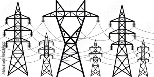 Set of six black electric power transmission towers with wires, high voltage electricity pylons isolated on white background, energy infrastructure vector illustration, industrial power grid design