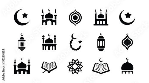 Islamic symbols and mosque icons set including crescent moon star lanterns and quran on white background for ramadan and eid celebrations