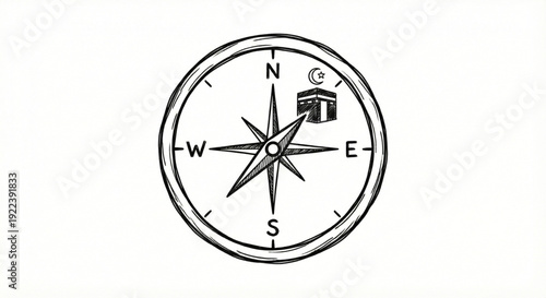 Hand drawn black and white Qibla compass icon pointing to Mecca