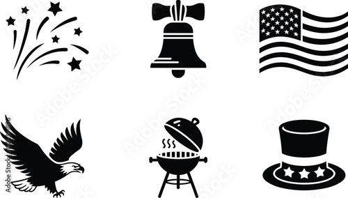 Set of six American patriotic icons including fireworks, liberty bell, US flag, eagle, barbecue grill, Uncle Sam hat, celebration symbols